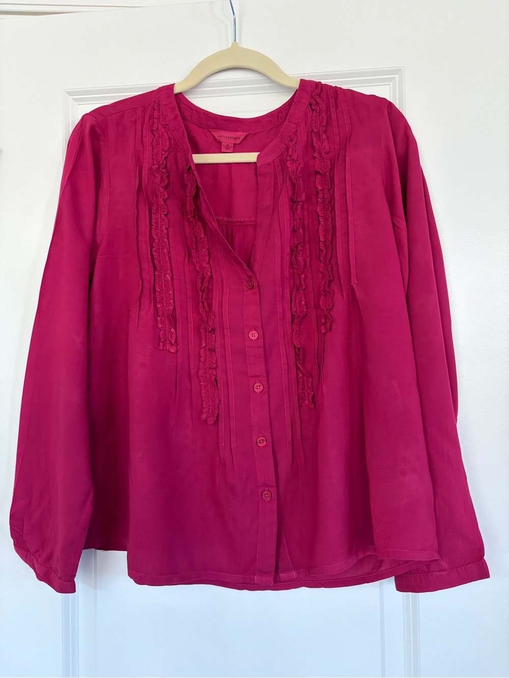 Lucky Brand Women’s Magenta Ruffle-Front Button Blouse